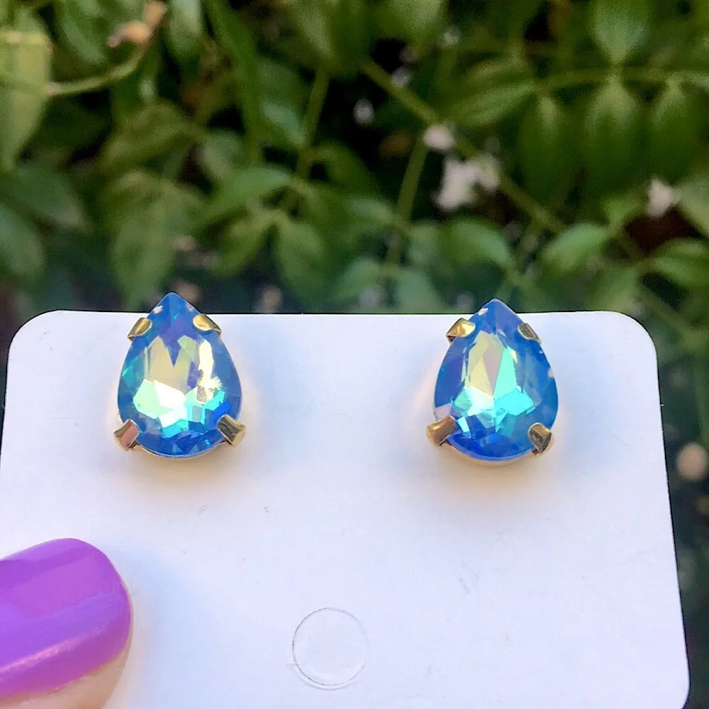 Light Sapphire Aurora Borealis + Gold Pear Crystal Earrings